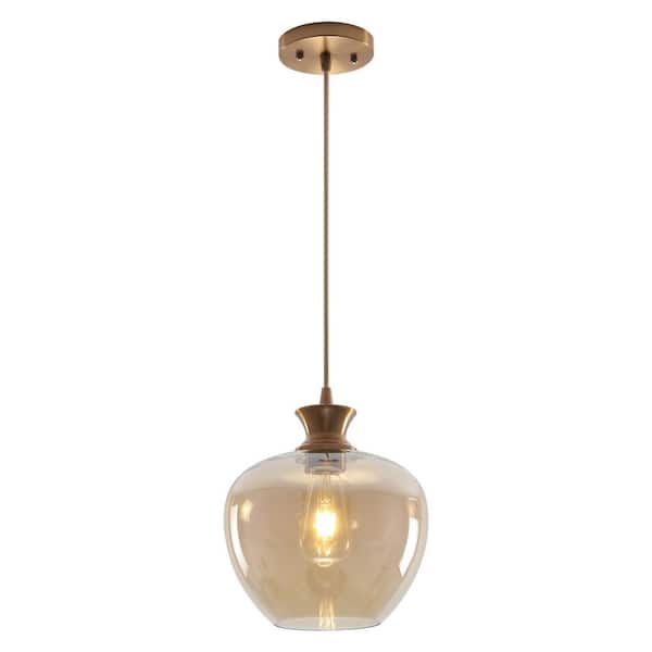 ADSENSTY 60-Watt 1-Light Brass Modern Globe Pendant Light with Amber Glass Shade