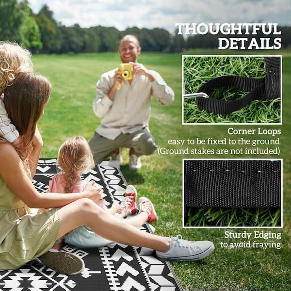 Black and White Rhombus Patchwork 8 ft. x 10 ft.Waterproof Plastic Reversible Outdoor Rug Large Straw Floor Mat Area Rug