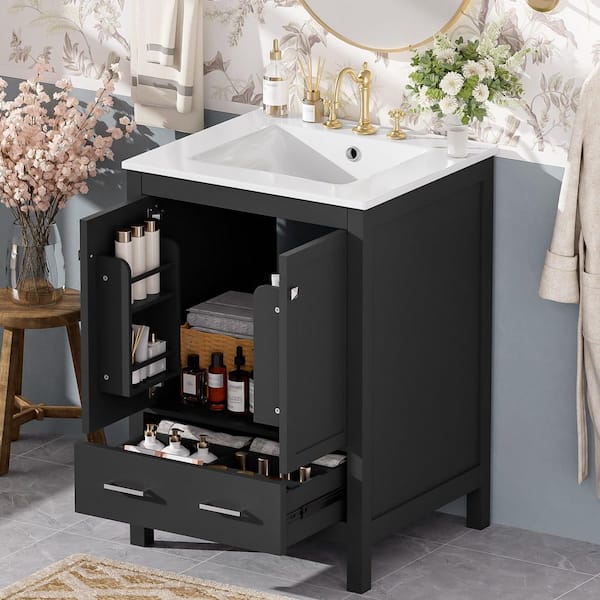 24 in. Freestanding Black Bath Vanity with White Ceramic Top, Drawer and Door Shelf Bathroom Storage Cabinet Unassembled