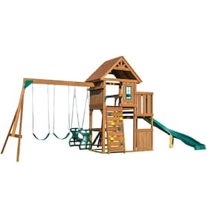 Cedarbrook Deluxe Complete Wooden Outdoor Playset with Slide, Rock Wall, Swings, and Backyard Swing Set Accessories