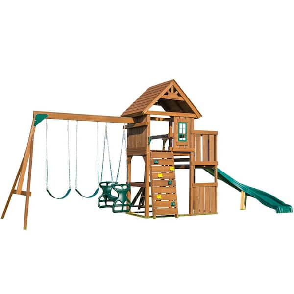 Swing-N-Slide Playsets Cedarbrook Deluxe Complete Wooden Outdoor Playset with Slide, Rock Wall, Swings, and Backyard Swing Set Accessories