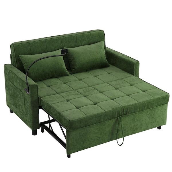 56.9 in. Green Chenille 2-Seater Loveseat with Reversible Backrest USB Ports and Phone Holder