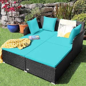 Wicker Patio Daybed Loveseat Sofa Yard Outdoor with Turquoise Cushions Pillows