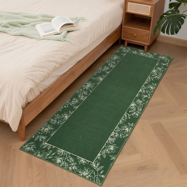 Dark Green 2 ft. x 6 ft. Leaf Print Bordered Rug Ultra Thin Soft for Bedroom Dining Room Office Living Room