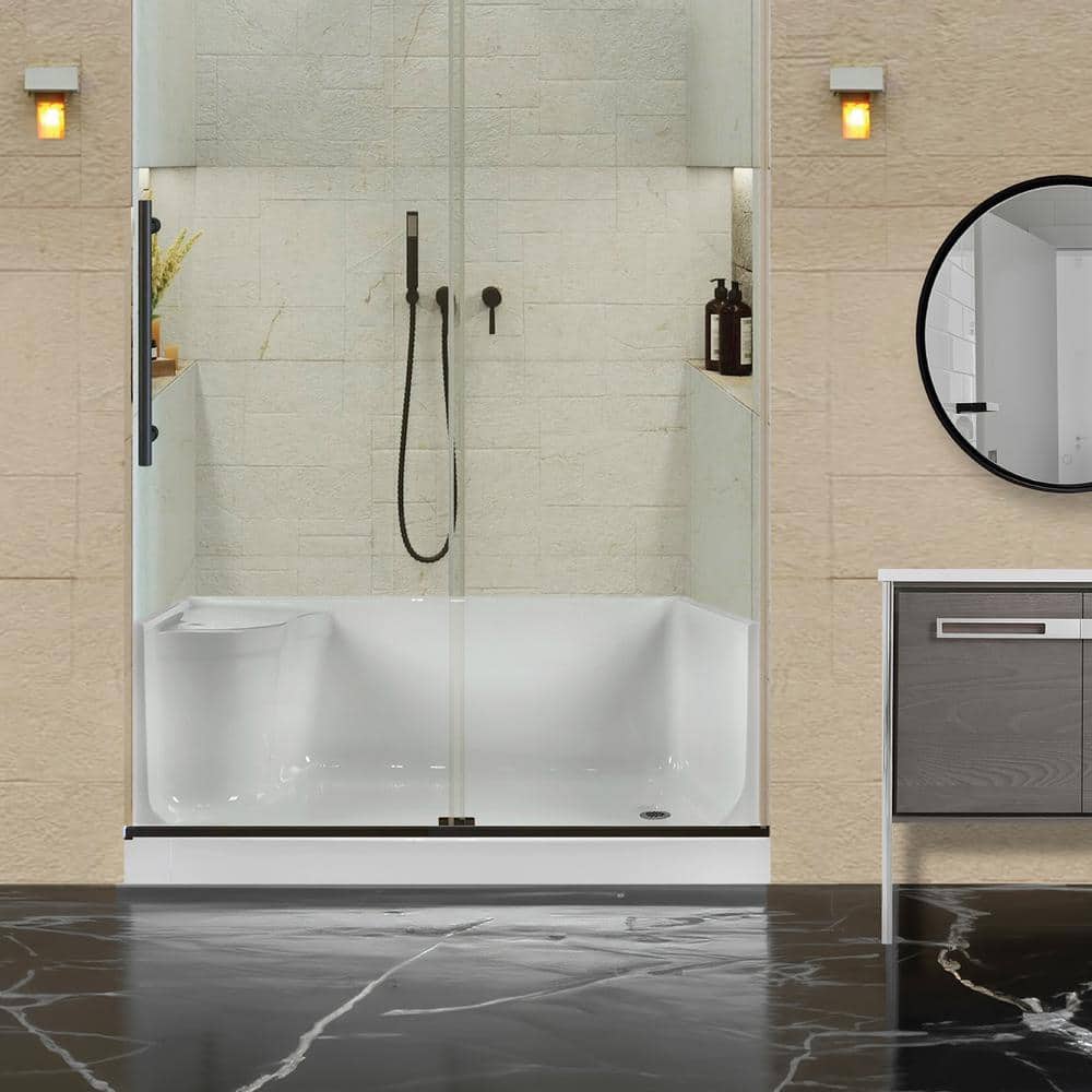 White Acrylic Single Threshold Shower Base with Seat and Right Drain