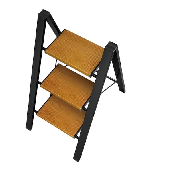 Reach 3 Step Ladder Aluminum Folding Stool with Anti-Slip Wide Pedal 330 lbs. Capacity for Home Black Woodgrain 32 in. H