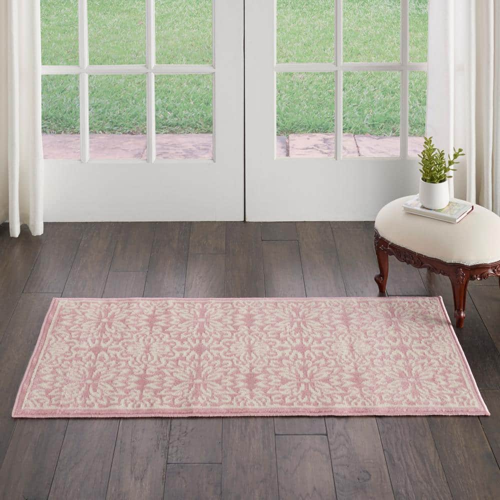 Hand-Knotted Ivory/Pink Floral Synthetic Easy-Care Rug 2' x 4'