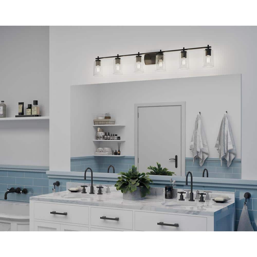 Adley 48.5" Matte Black 6-Light Vanity Fixture with Clear Glass Shades