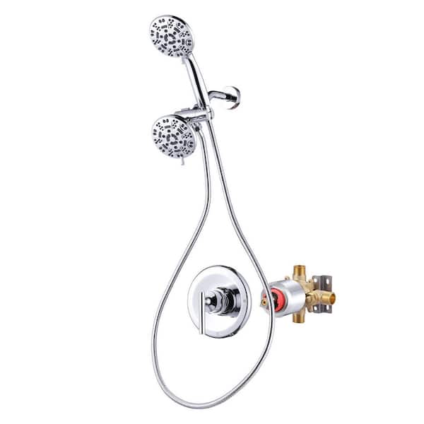 2 in 1 Single Handle 7-Spray Brass Shower Faucet 1.8 GPM with Dual Shower Head in Polished Chrome (Valve Included)