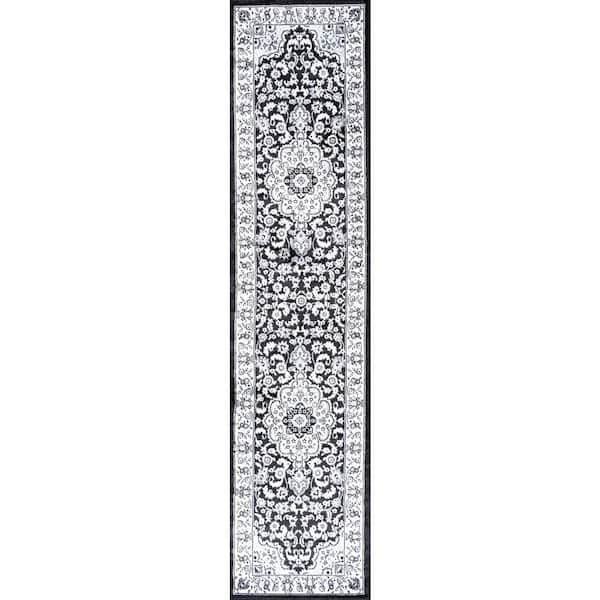 Palmette Modern Persian Floral Cream/Gray/Black 2 ft. x 10 ft. Runner Rug
