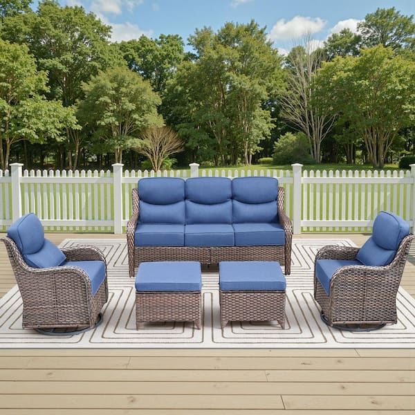 Holion Brown 5-Piece Wicker Swivel Rocker Patio Conversation Set with 6 in. Thick Blue Cushions for Outside