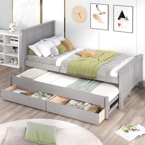 Harper & Bright Designs Gray Wood Frame Twin Size Platform Bed with Trundle and 2 Drawers