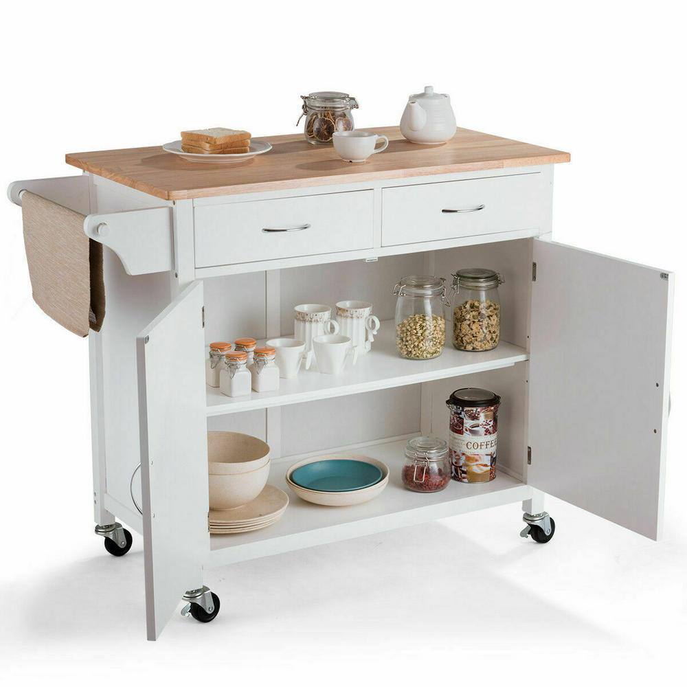 Elegant White Rolling Kitchen Cart with Rubber Wood Top and Storage