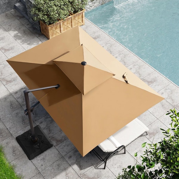 Pellebant Double top 11 ft. x 9 ft. Rectangular Heavy-Duty 360-Degree Rotation Cantilever Patio Umbrella in Tan