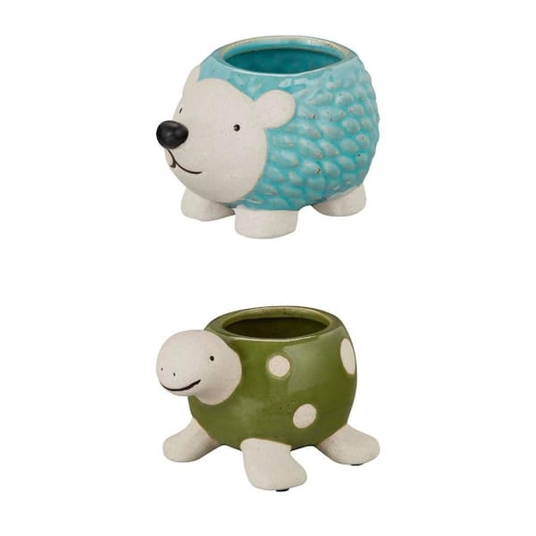 Turtle Green and Hedgehog Blue Small Ceramic Indoor Planter Combo (2 Piece)