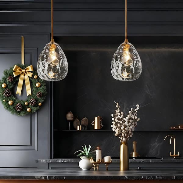 Modern 1-Light Plated Brass Teardrop Pendant Light with Clear Water Glass for Dining Kitchen Island Stem Hanging Lamp