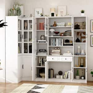 78.9 in. H White Wooden Corner Accent Storage Cabinet Combination Cabinet with Hutch, Adjustable Shelves, Glass Doors