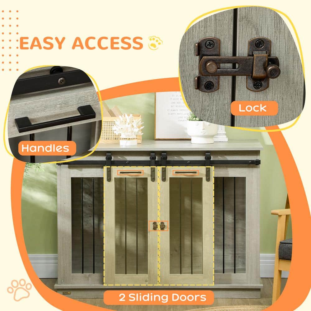 Large Gray Wood and Metal Dog Crate Table with Divider