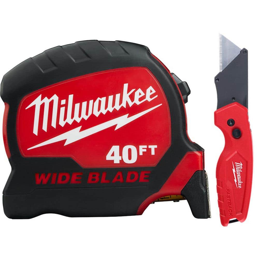 Milwaukee 40 ft. x 1.3 in. Wide Blade Tape Measure with 17 ft. Reach and  FASTBACK Compact Folding Utility Knife 48-22-0240-48-22-1500 The Home  Depot