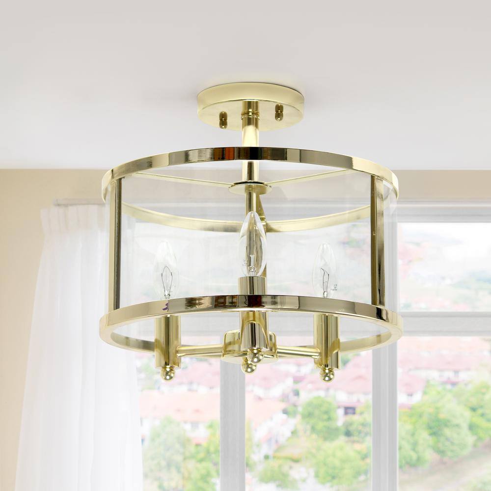 Gold and Glass 13" 3-Light Farmhouse Semi Flush Mount