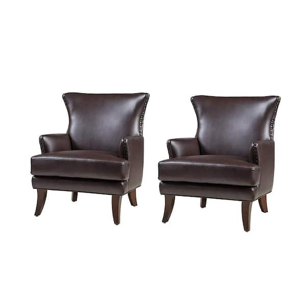 JAYDEN CREATION Bonnot Transitional Brown Faux Leather Wingback Armchair with Nailhead Trim and T-Cushion (Set of 2)