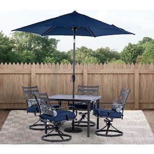 Montclair 5-Piece Steel Outdoor Dining Set with Navy Cushions, 4 Swivel Rockers, 40 in. Table and 9 ft. Umbrella