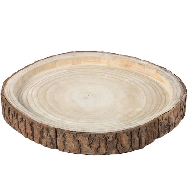 16 Dia in. Beige/ Cream Wood Tree Bark Indented Display Tray Serving Plate Platter Charger