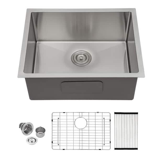 Sarlai 23 in. Undermount Single Bowl 16 Gauge Stainless Steel Kitchen Sink with Bottom Grid