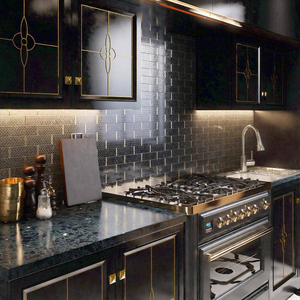 Black and Gold Polished Marble Brick Joint Mosaic Tile
