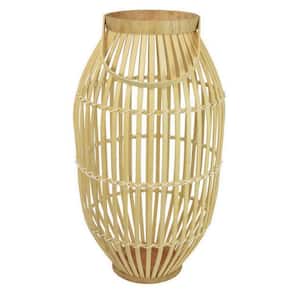 Brown Natural Fiber Tabletop Lantern with Cylindrical Decoration and Stable Base Natural Fiber, Glass