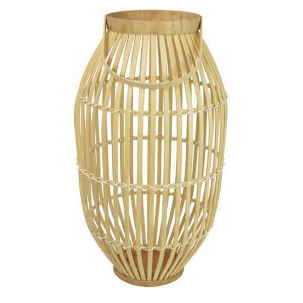 Benjara Brown Natural Fiber Tabletop Lantern with Cylindrical Decoration and Stable Base Natural Fiber, Glass