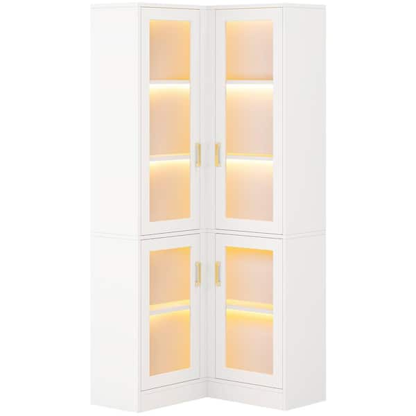 Eulas 70.9 in. Tall White Wood 5-Shelf Standard Bookcase with LED Light, Modern Bookshelf with 4 Acrylic Doors