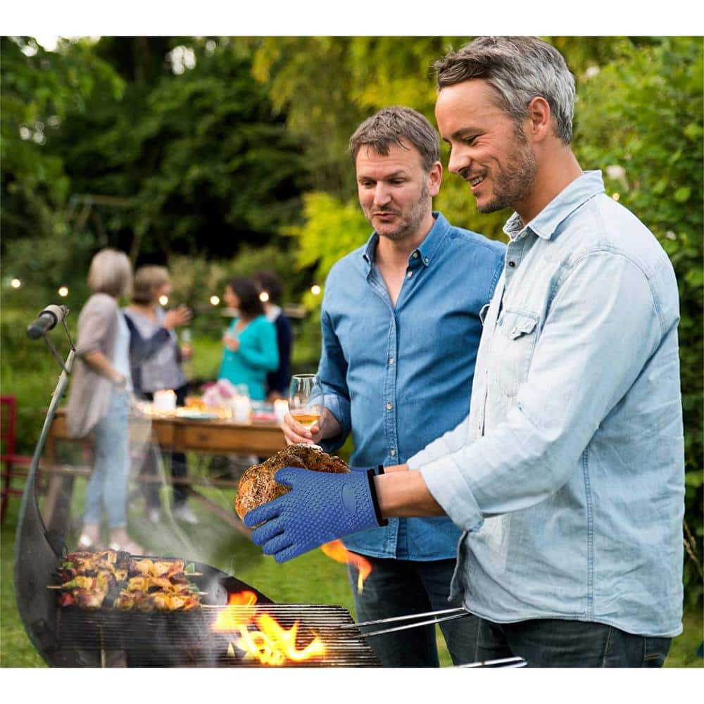 Blue Silicone Heat Resistant BBQ Gloves with Cotton Lining