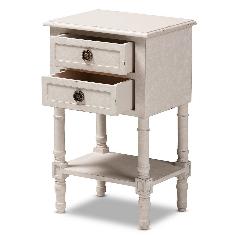 Whitewashed Farmhouse Charm 2-Drawer Nightstand with Bronze Pulls