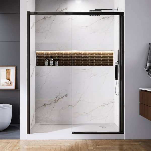 ANGELES HOME 56-60 in. W x 74 in. H Sliding Semi-Frameless Shower Door in Matte Black with 5/16 in. (8 mm) Clear Glass