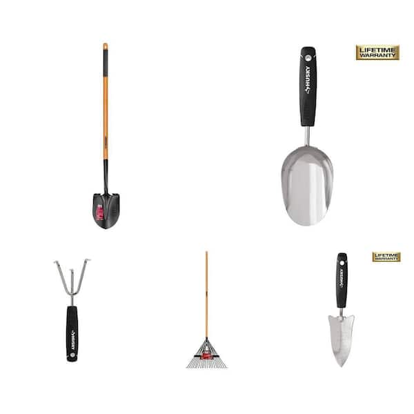 Soil Scoop, 3-Tine Cultivator, Leaf Rake, Digging Shovel and Hand Transplanter Combo