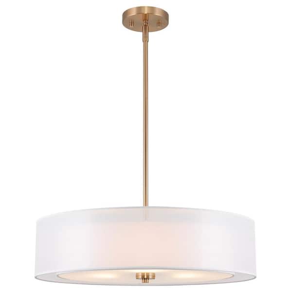 Kira Home Lindos 60-Watt 3-Light Cool Brass Contemporary Chandelier with White Shade, No Bulb Included