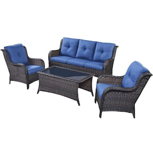 4-Piece Wicker Outdoor Patio Seating Conversation Set Sectional Sofa Glass Coffee Table with Blue Cushions