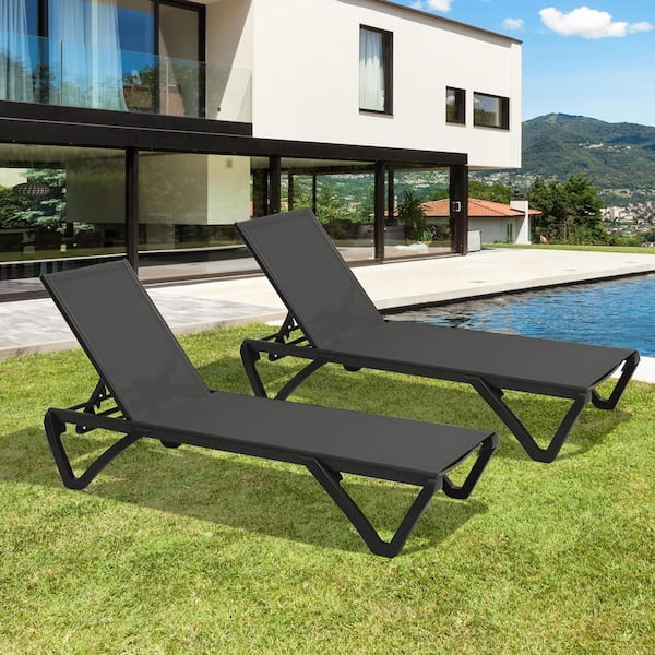 2-Piece Aluminum Outdoor Patio Chaise Lounge with Wheels, 5-Position Adjustable for Beach, Yard, Balcony, Dark Gray