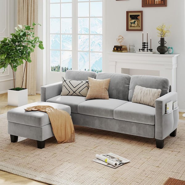 67 in. Velvet L-Shaped Sofa Modular Sofa with Storage Reversible Ottoman Sectional Sofa for Small Space in Gray