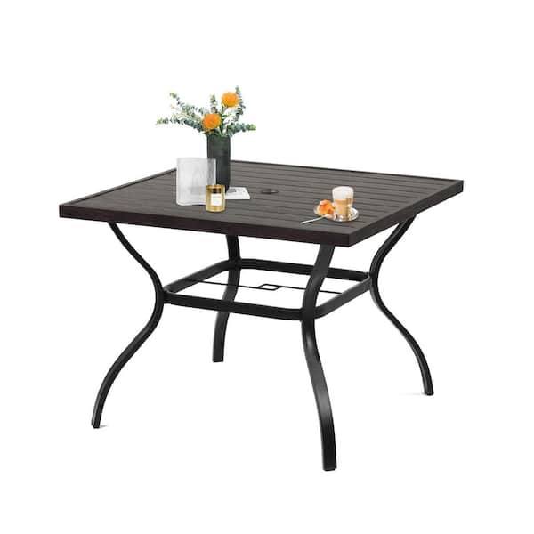 Unbranded Wood-like Metal 37 in. Patio Square Outdoor Dining Table with 1.57 in. Umbrella Hole for Deck Porch Balcony Bistro