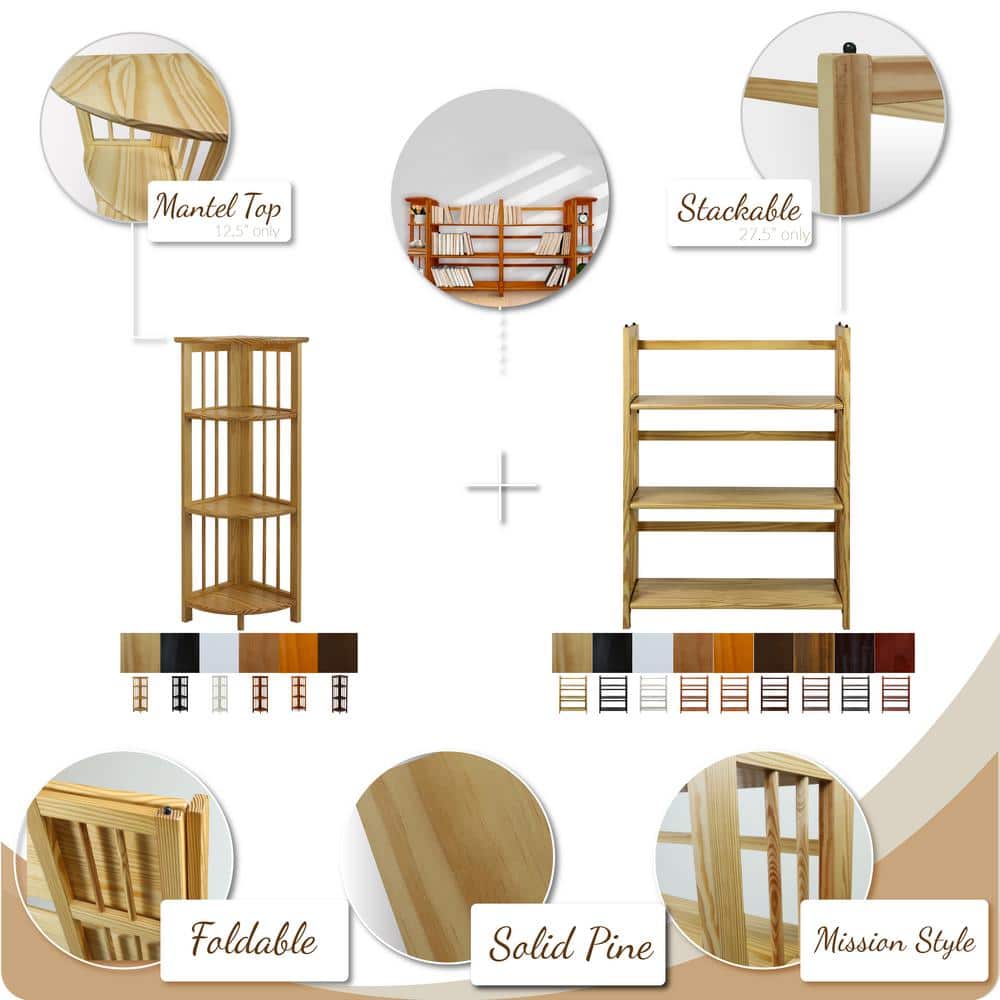 Elegant White Solid Wood 3-Shelf Stackable Folding Bookcase