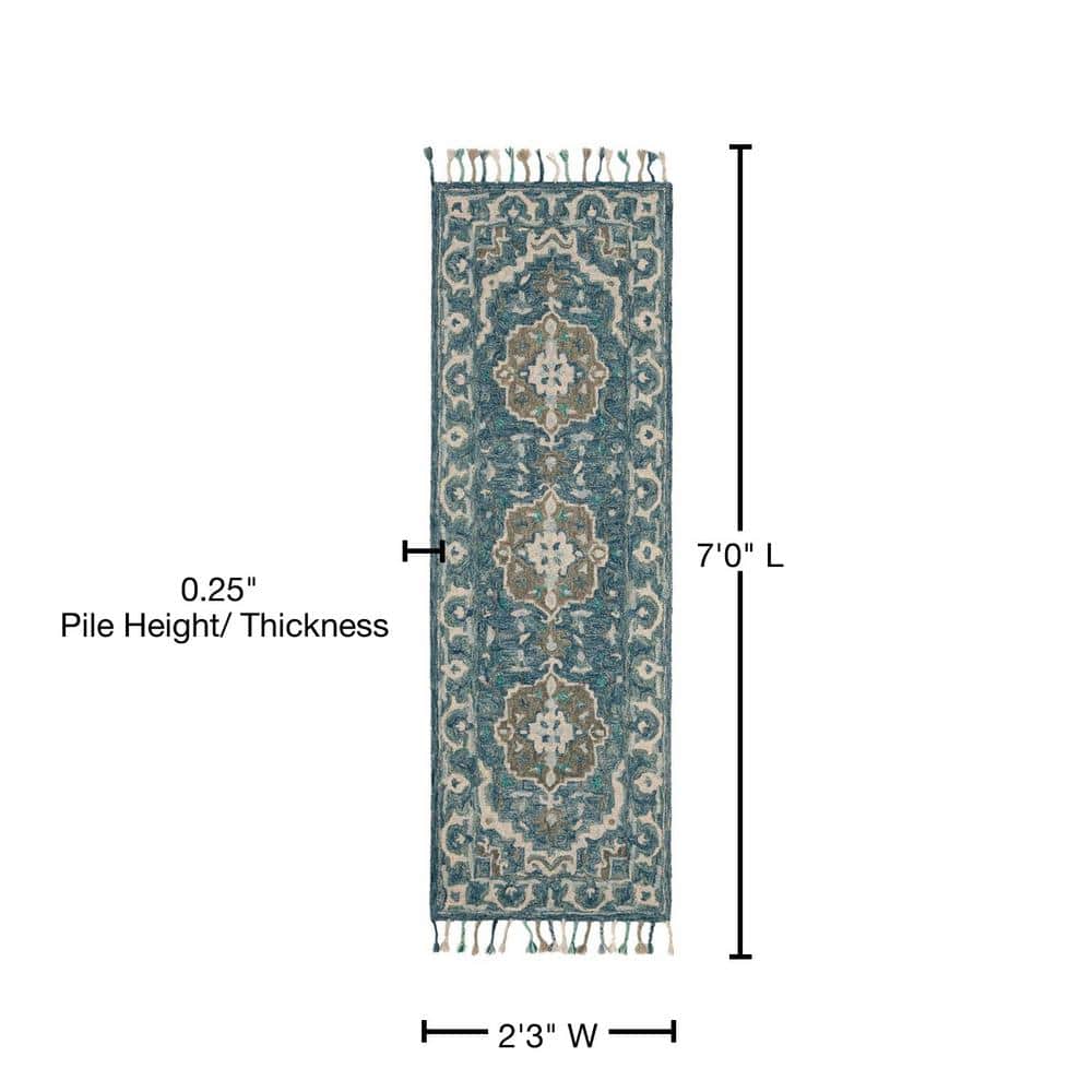 Hand-Tufted Rustic-Chic Blue Floral Wool Runner Rug - 27in x 6in