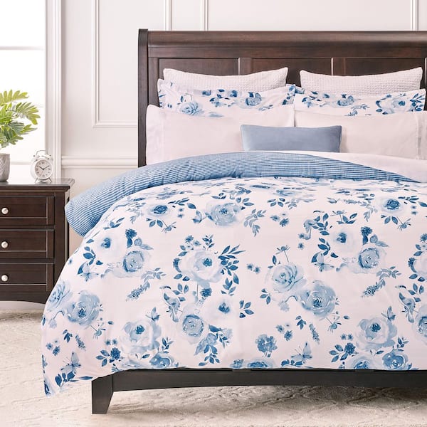 CHANASYA Chanasya 3-Piece Blue Rose Print Reversible Stripe Microfiber Duvet Cover Set, Queen