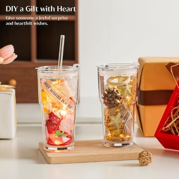 Wudkey 20 oz. Thickened Clear Glass Tumblers with Lids and Glass Straws for Smoothie Tea Milk Whiskey Water Set of 2