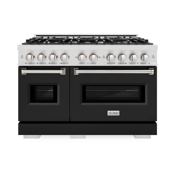 48 in. Classic Double Oven Dual Fuel Range with 8-Burner Gas Cooktop in Satin Stainless Steel with Black Matte Doors