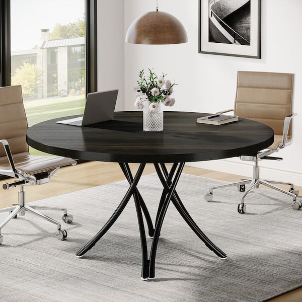 BYBLIGHT Capen 47 in. Round Black Wood Conference Table Meeting Room Computer Desk with Sturdy Cross Metal Legs for Home Office