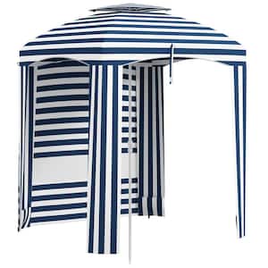 5.8 ft. Portable Beach Umbrella in Dark Blue White Stripes with Double-Top, Vented Windows, Sandbags, Carry Bag