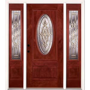 63.5 in.x81.625in.Silverdale Zinc 3/4 Oval Lt Stained Cherry Mahogany Rt-Hd Fiberglass Prehung Front Door w/Sidelites