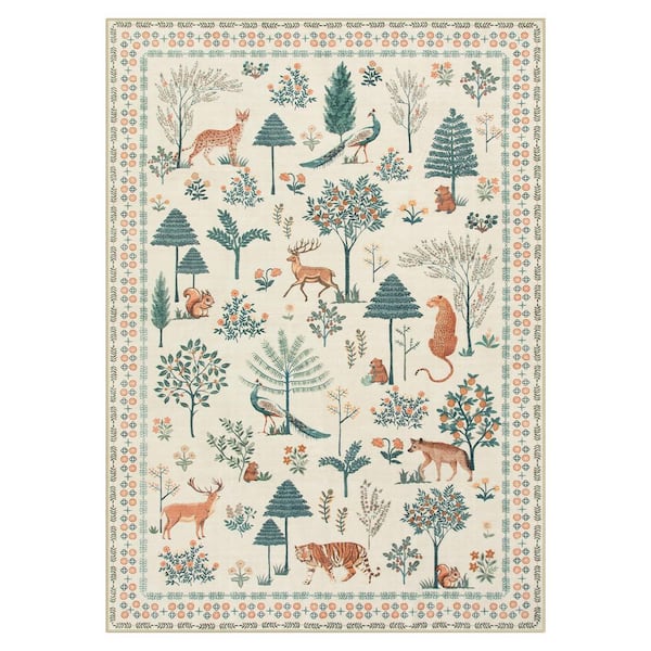 Jungle Animal Design Machine Washable Non Slip Beige 5 ft. x 7 ft. Living Room/Bedroom/Kid Room Area Rug